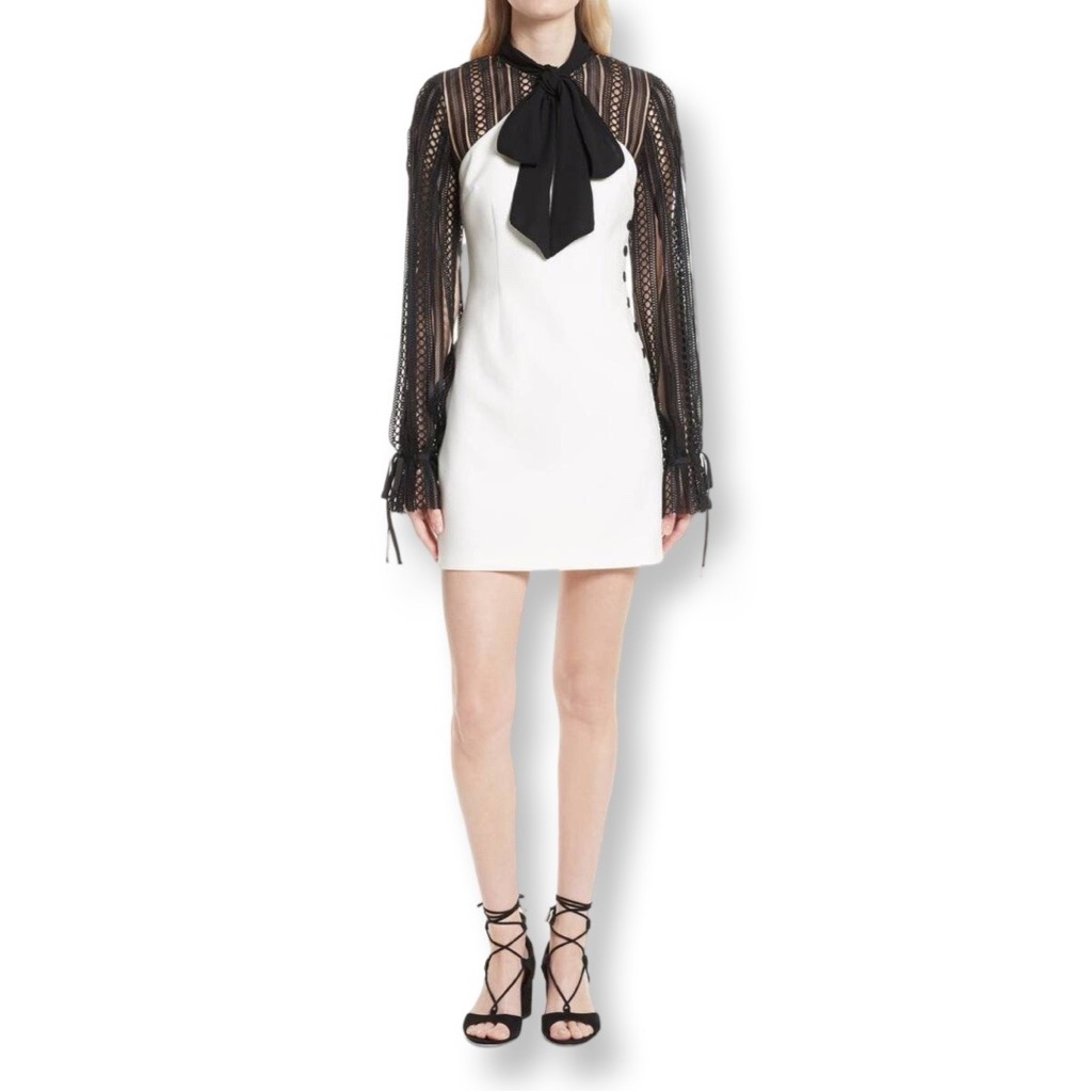 Self-Portrait Monochrome Crepe Mini Dress Women’s Us 0 Bow Guipre Lace